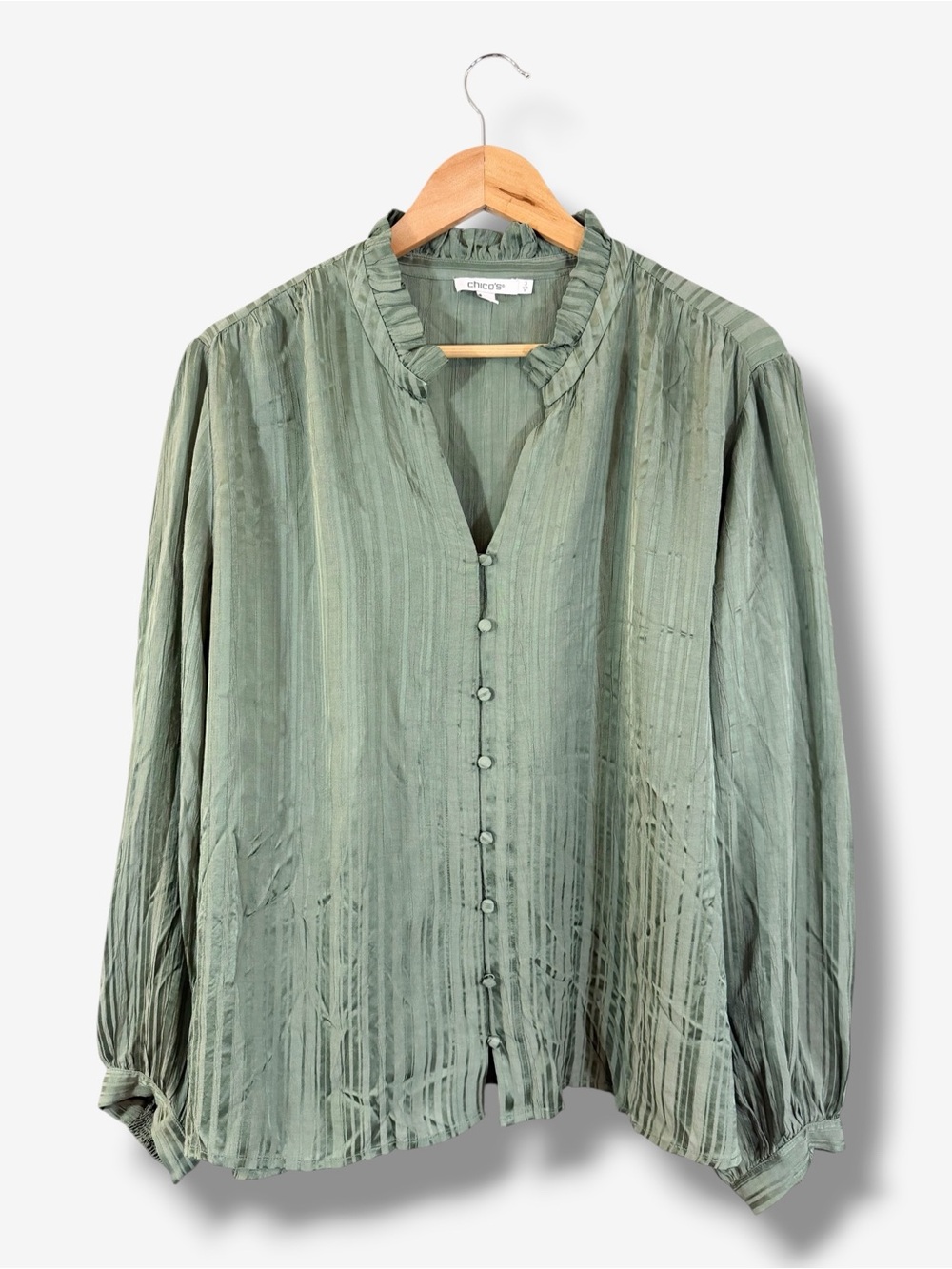 Chico’s Georgette Ruffled Neck Blouse Size 3 (XL/16) Green Tonal Stripe Peasant